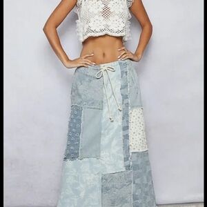 POL Patchwork Denim Maxi Skirt
